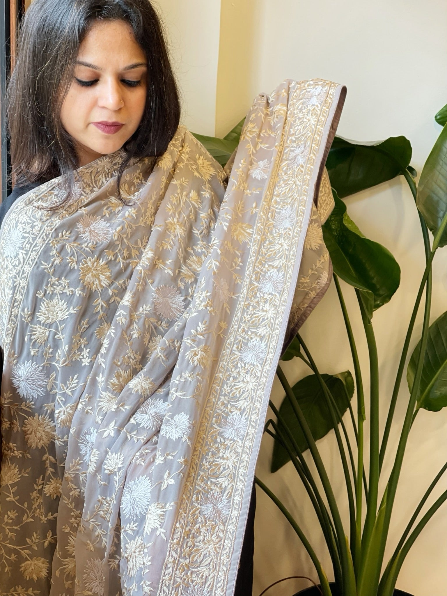 Grey Parsi Gara Embroidery Dupatta in Georgette - Masakalee