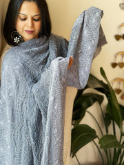 Grey Rai Bandhej Dupatta with Lucknowi Handwork in Pure Georgette - Masakalee