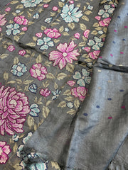Grey Suit Set with Cross-Stitch Embroidery in Pure Tussar Silk - Masakalee