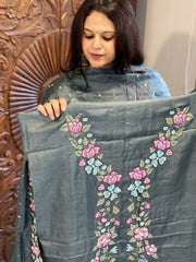 Grey Suit Set with Cross-Stitch Embroidery in Pure Tussar Silk - Masakalee