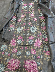 Grey Suit Set with Cross-Stitch Embroidery in Pure Tussar Silk - Masakalee