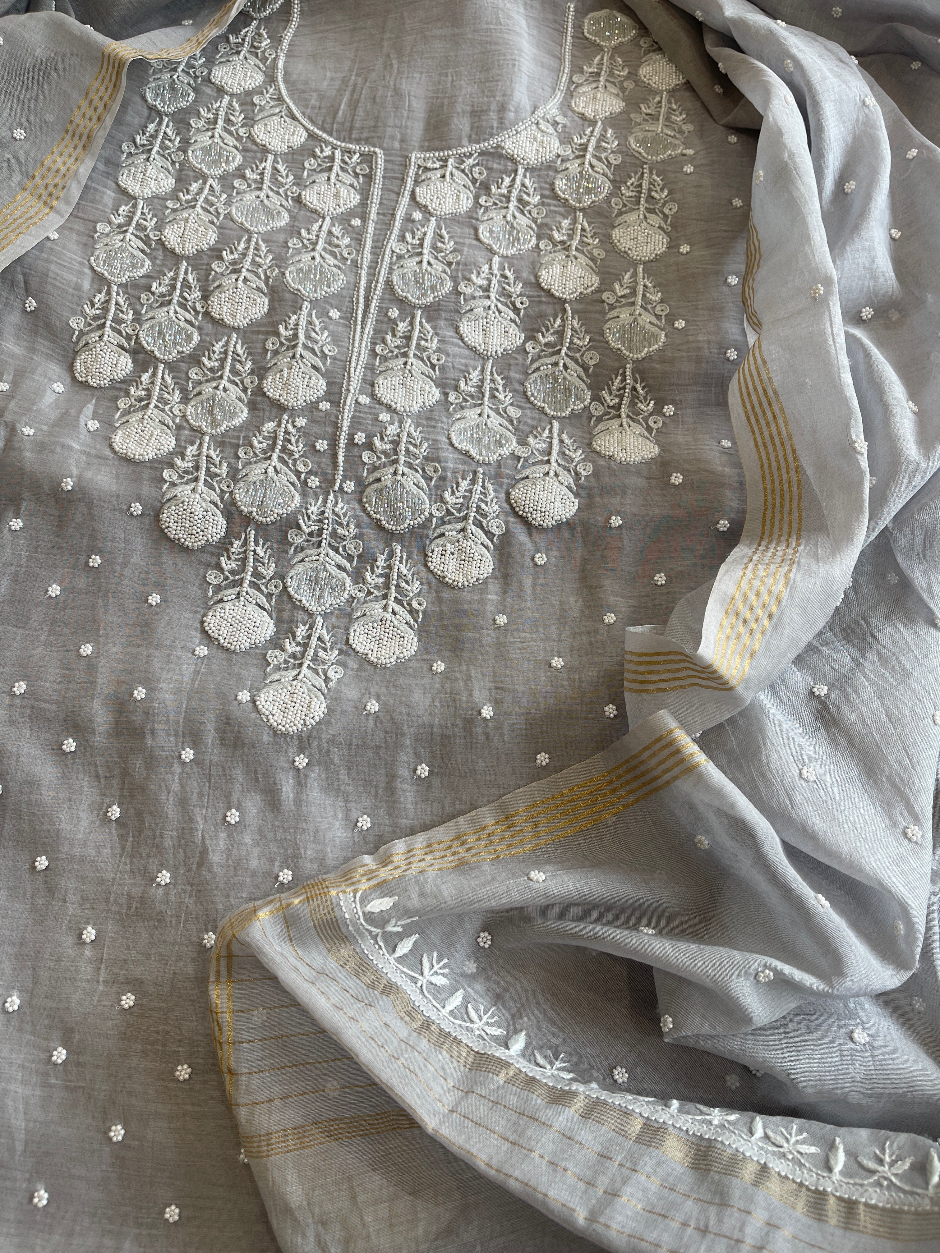 Grey Suit Set with Pearl, Cut Daana and Lucknowi Thread Handwork in Pure Mul Chanderi - Masakalee