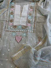 Grey Suit Set with Pearl, Cut Daana and Mukaish Handwork in Pure Mul Chanderi - Masakalee