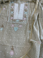 Grey Suit Set with Pearl, Cut Daana and Mukaish Handwork in Pure Mul Chanderi - Masakalee