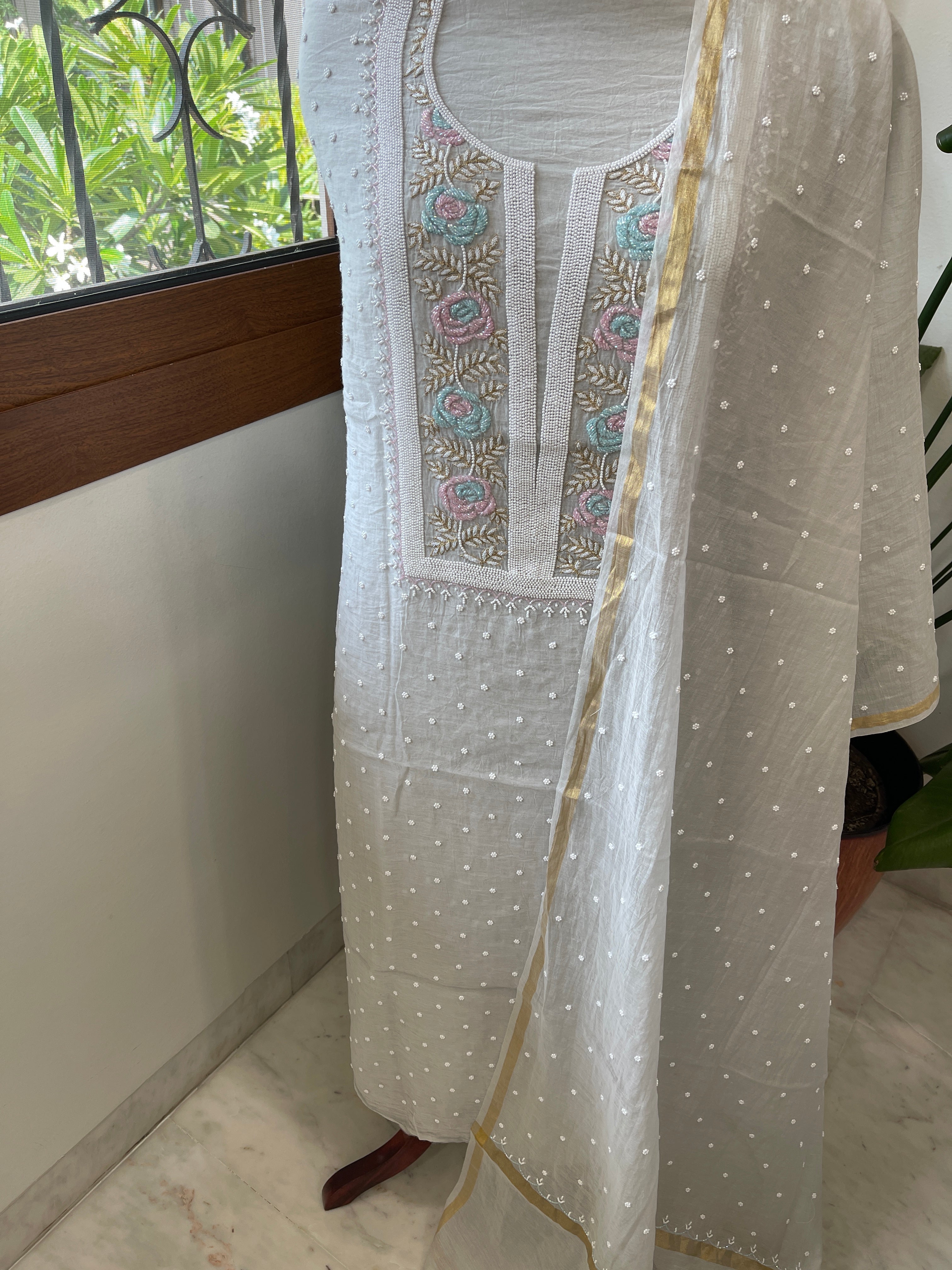 Grey Suit Set with Pearl, Cut Daana and Thread Handwork in Pure Mul Chanderi - Masakalee