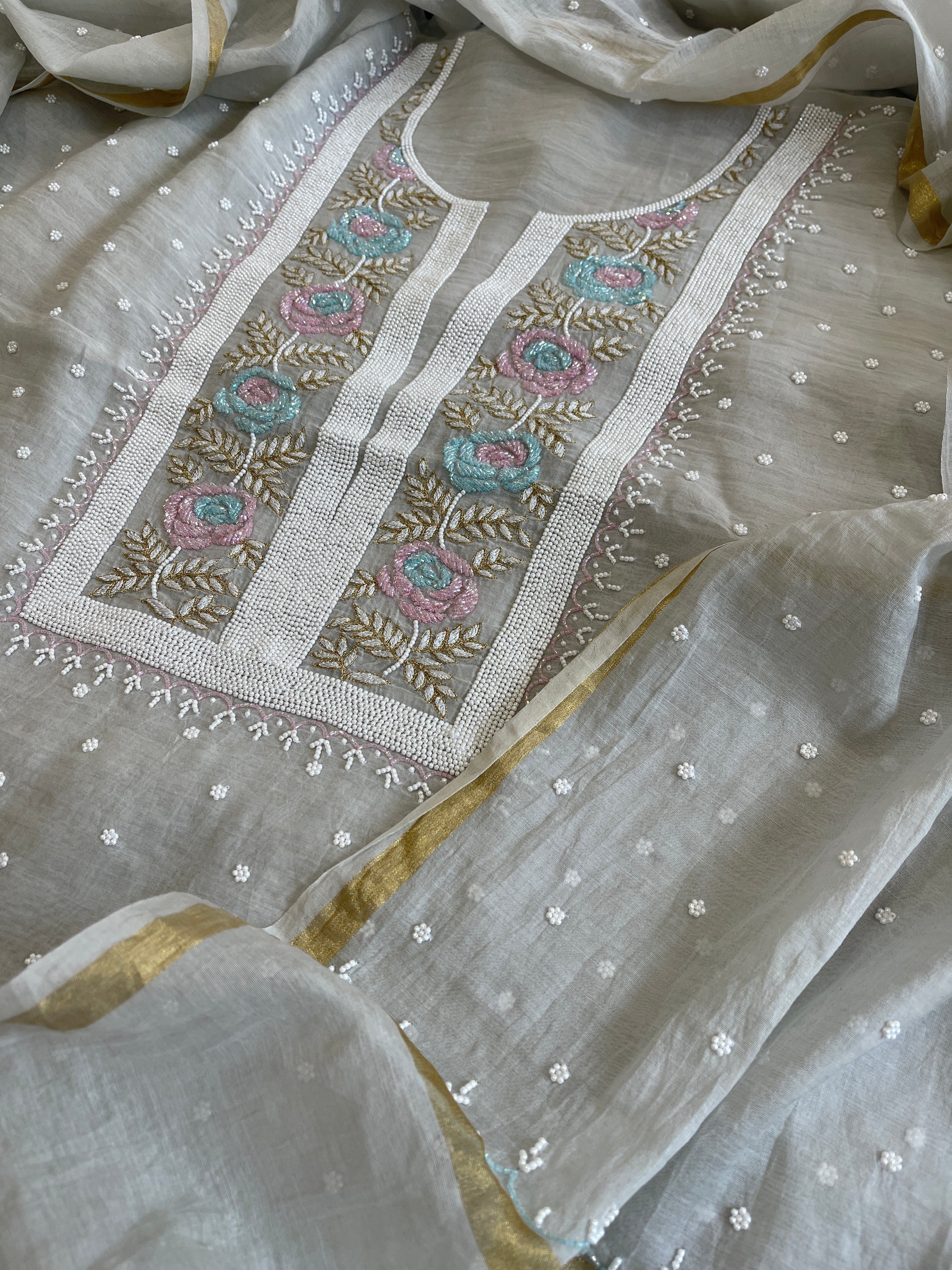 Grey Suit Set with Pearl, Cut Daana and Thread Handwork in Pure Mul Chanderi - Masakalee