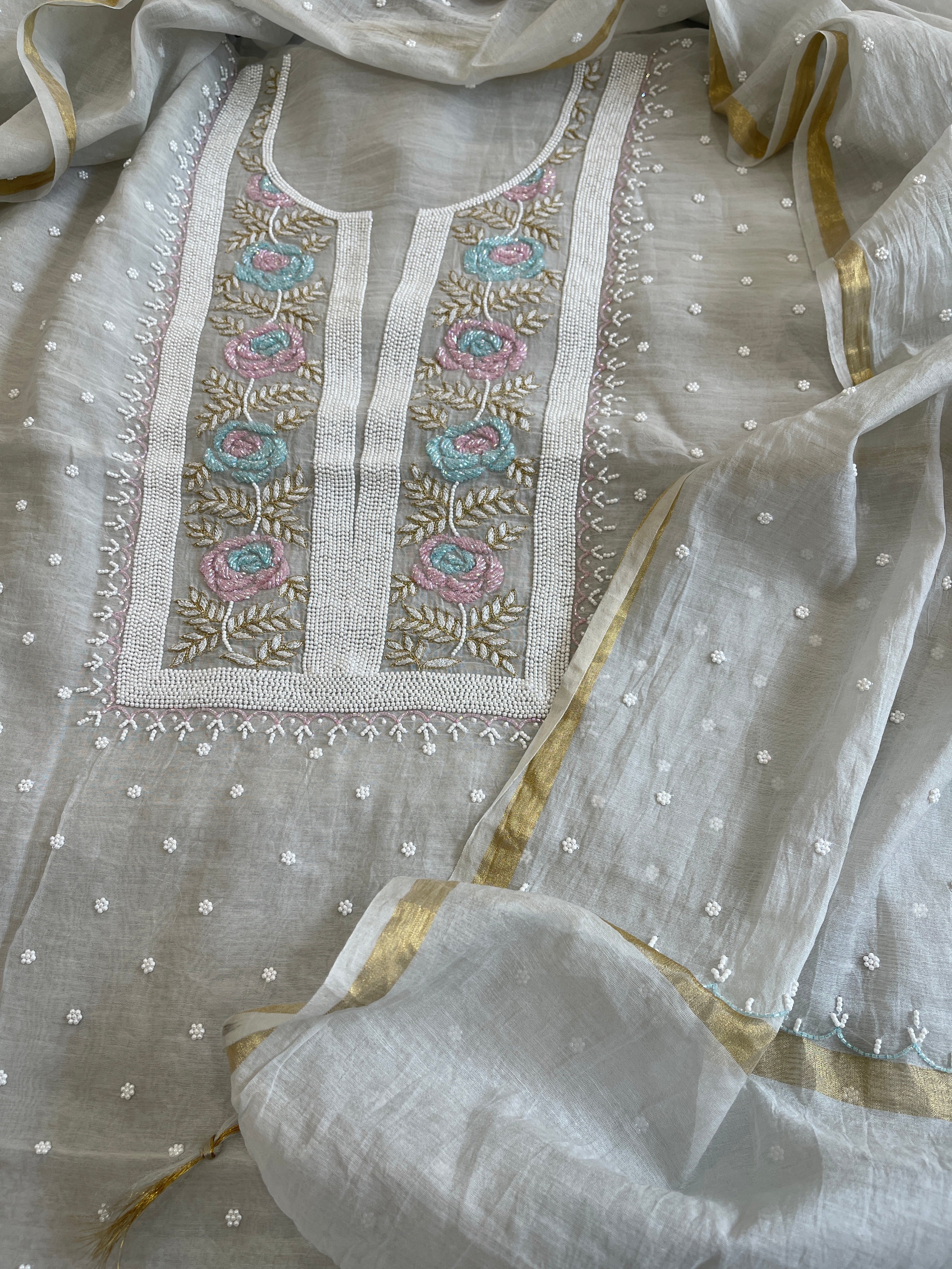 Grey Suit Set with Pearl, Cut Daana and Thread Handwork in Pure Mul Chanderi - Masakalee