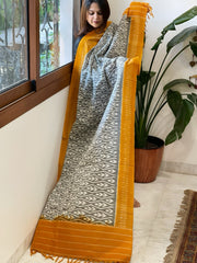 Grey, Yellow Handwoven Ikat Dupatta in Cotton - Masakalee