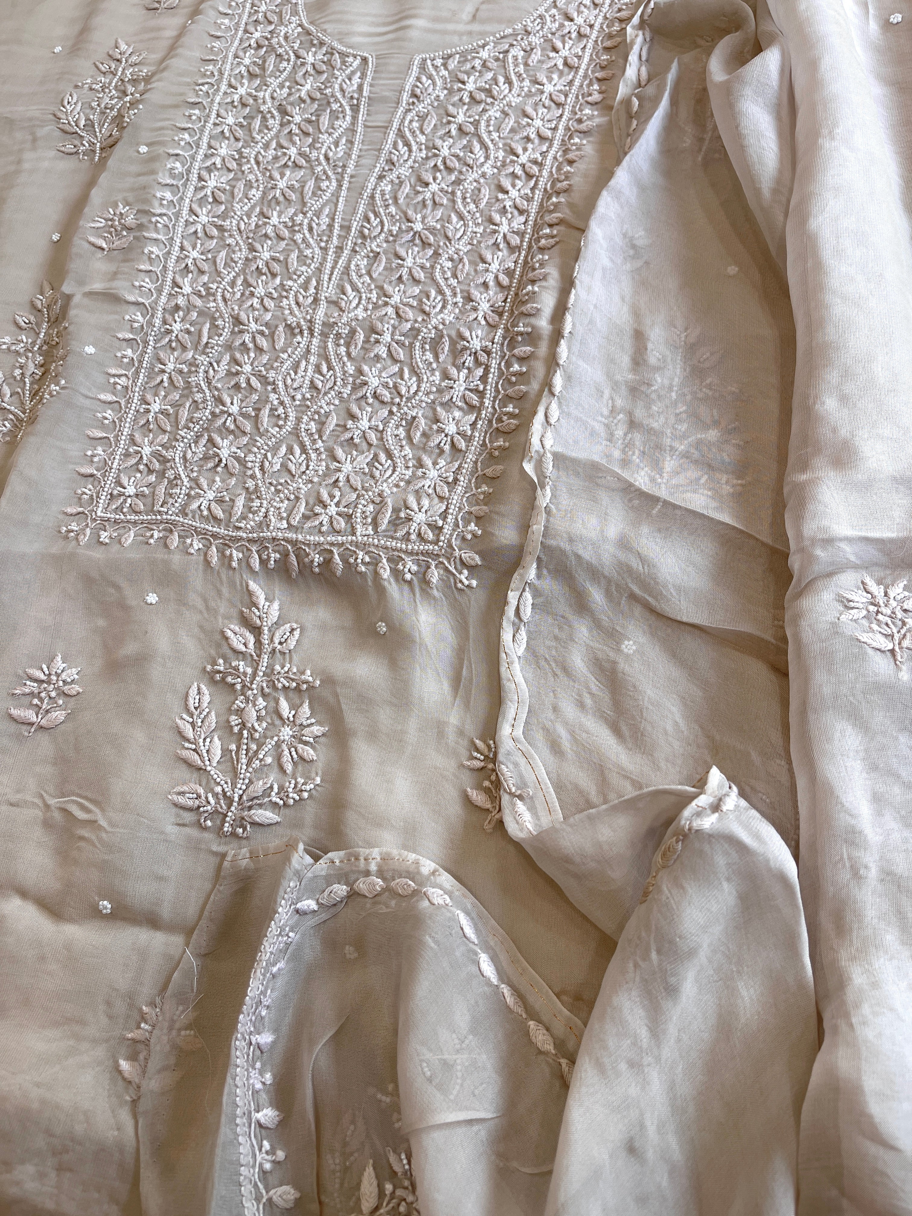 Greyish Beige Suit Set with Lucknowi and Pearl Handwork in Organza Crepe - Masakalee