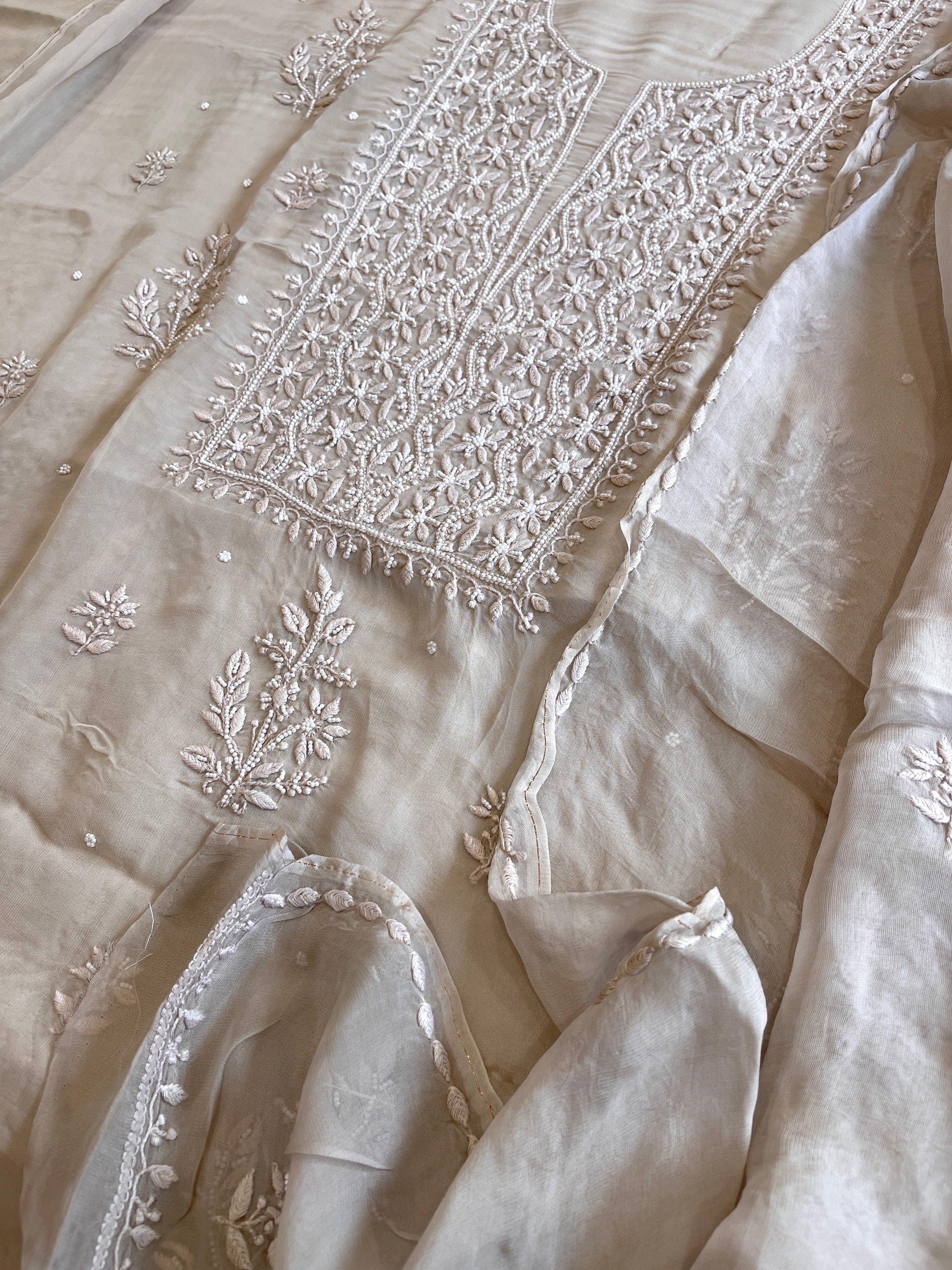 Greyish Beige Suit Set with Lucknowi and Pearl Handwork in Organza Crepe - Masakalee
