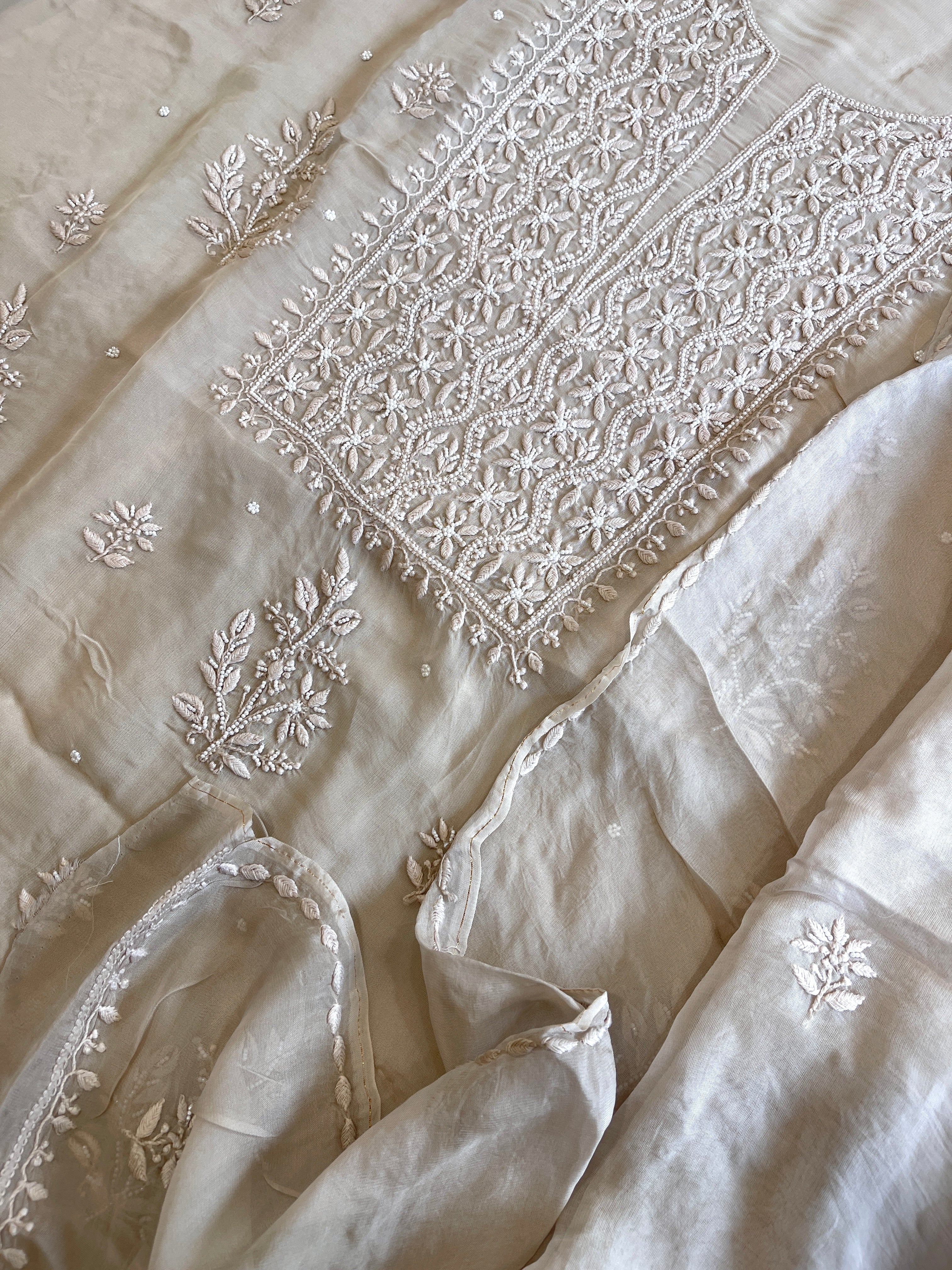 Greyish Beige Suit Set with Lucknowi and Pearl Handwork in Organza Crepe - Masakalee