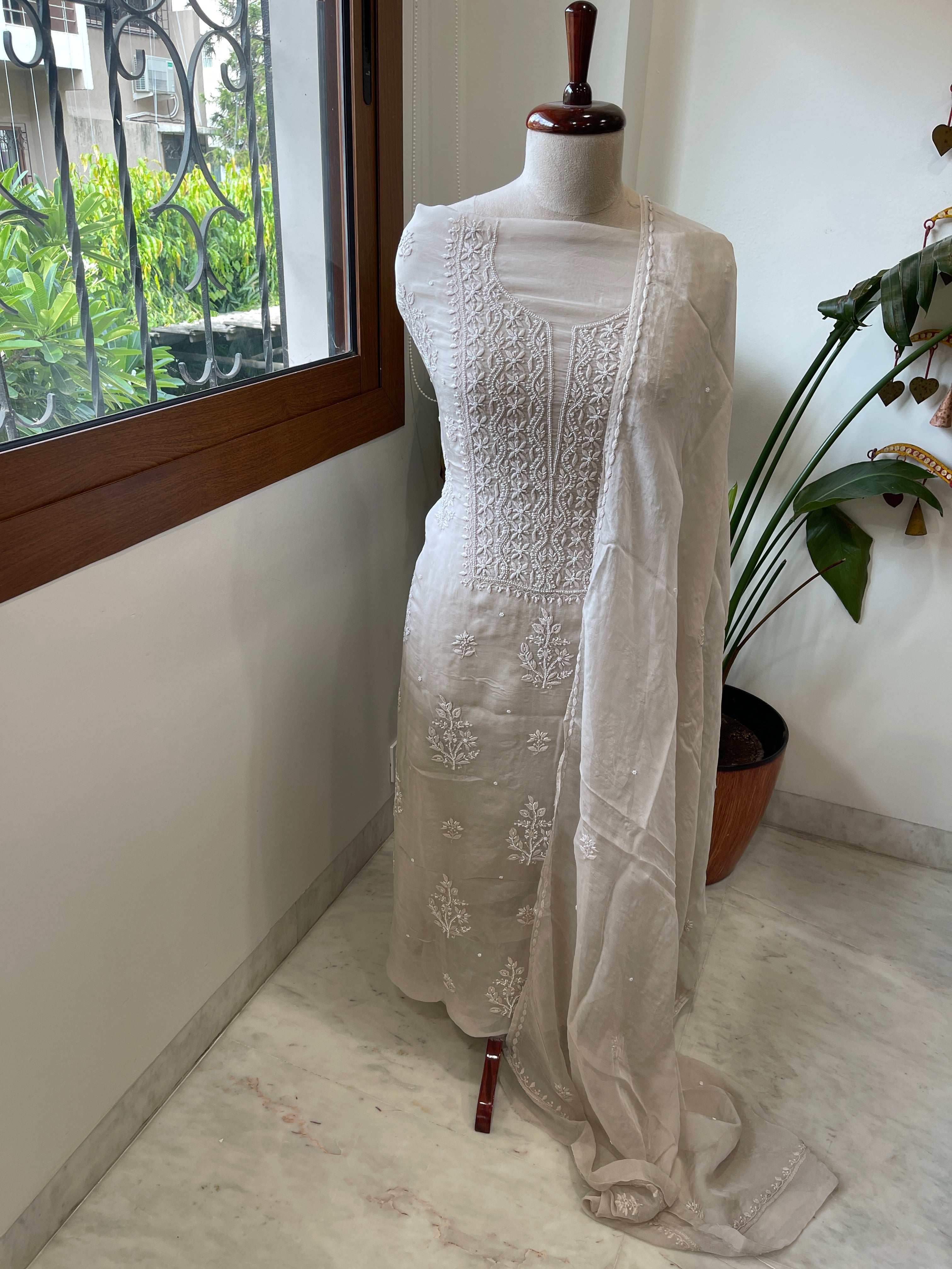Greyish Beige Suit Set with Lucknowi and Pearl Handwork in Organza Crepe - Masakalee