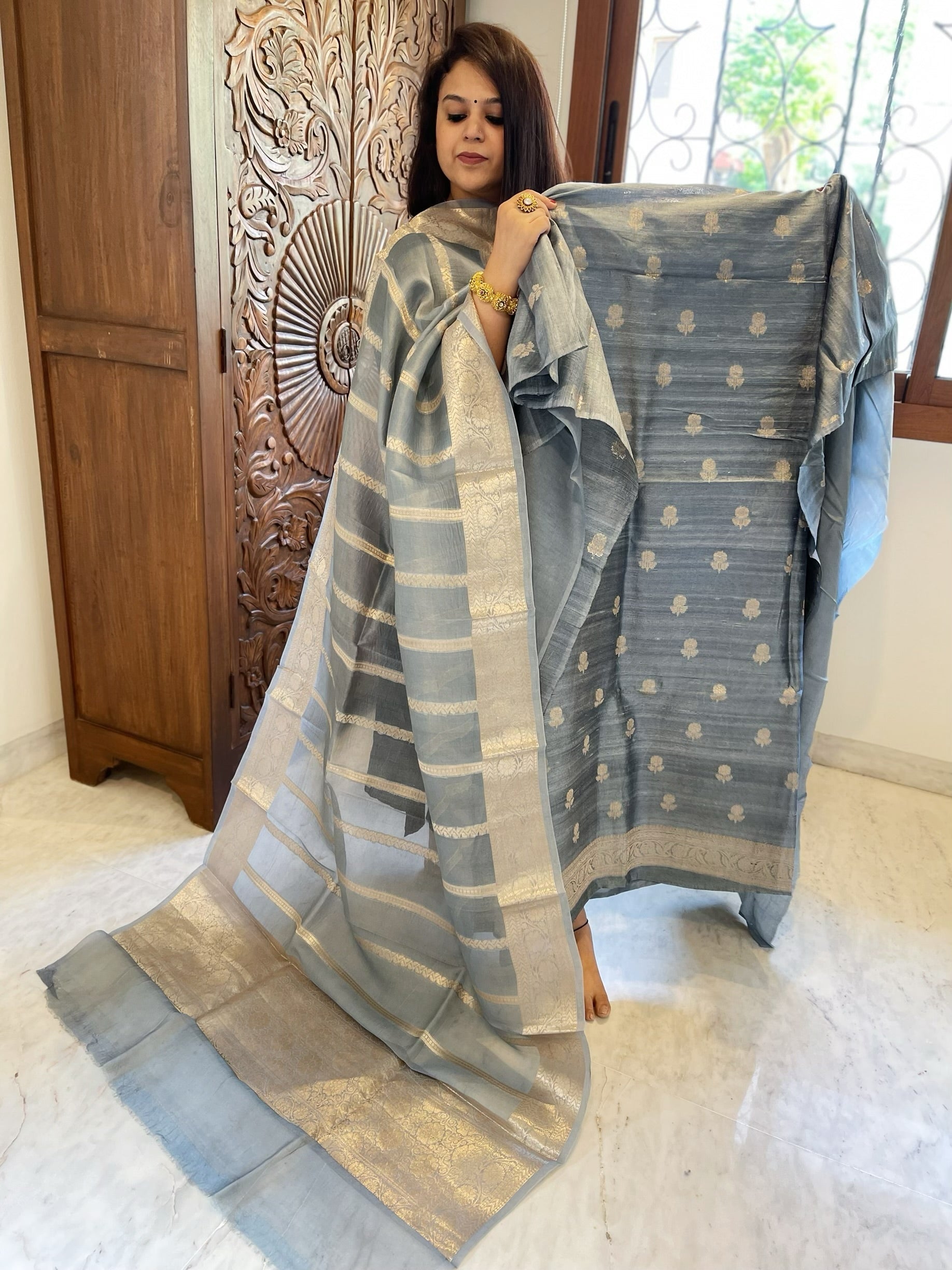 Greyish Blue Designer Banarasi Suit Set in Raw Silk - Masakalee