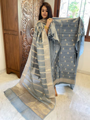 Greyish Blue Designer Banarasi Suit Set in Raw Silk - Masakalee