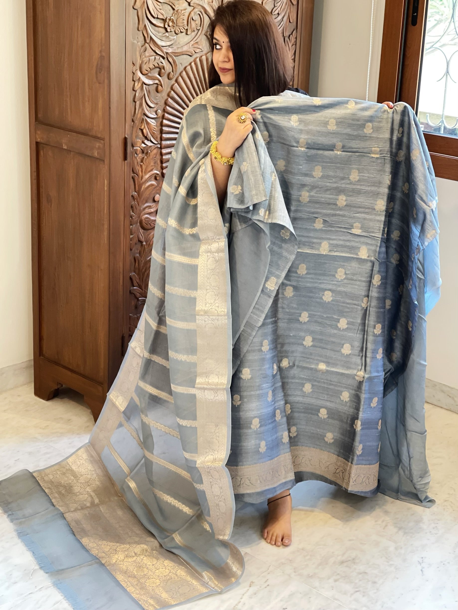 Greyish Blue Designer Banarasi Suit Set in Raw Silk - Masakalee