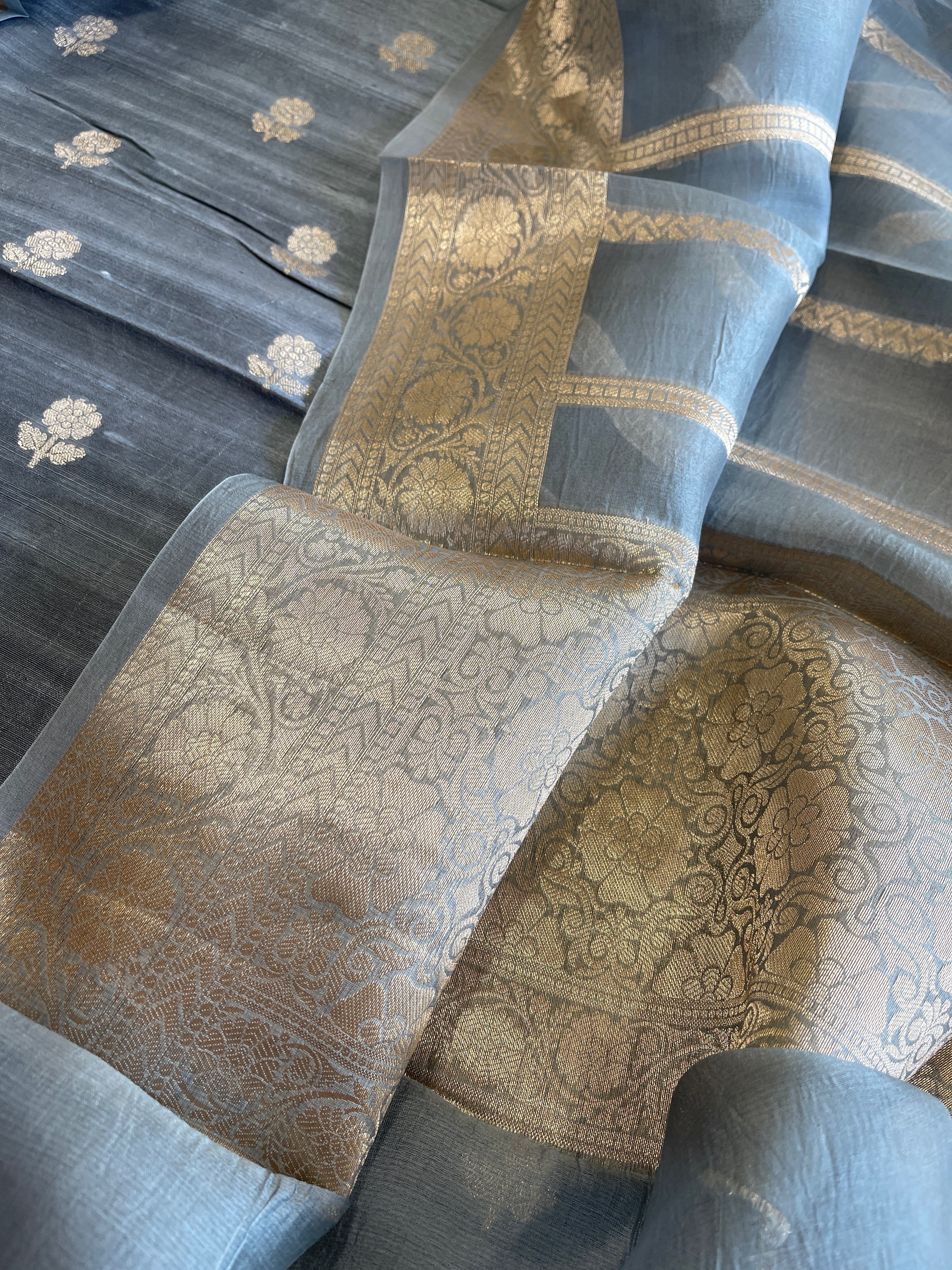 Greyish Blue Designer Banarasi Suit Set in Raw Silk - Masakalee