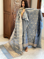 Greyish Blue Designer Banarasi Suit Set in Raw Silk - Masakalee