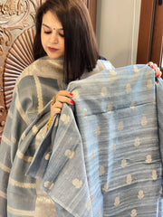 Greyish Blue Designer Banarasi Suit Set in Raw Silk - Masakalee