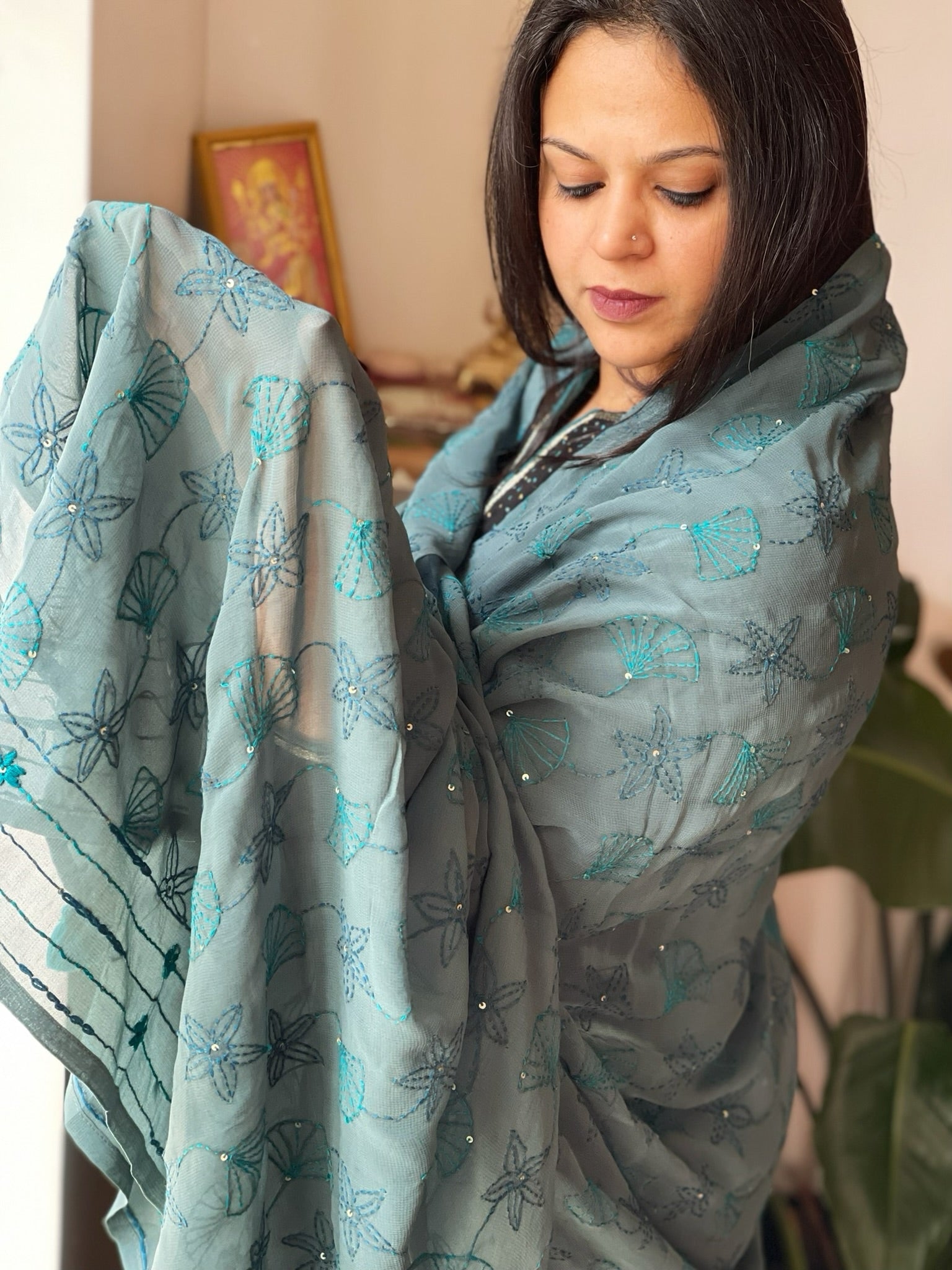 Greyish Blue Hand Embroidered Dupatta in Georgette - Masakalee