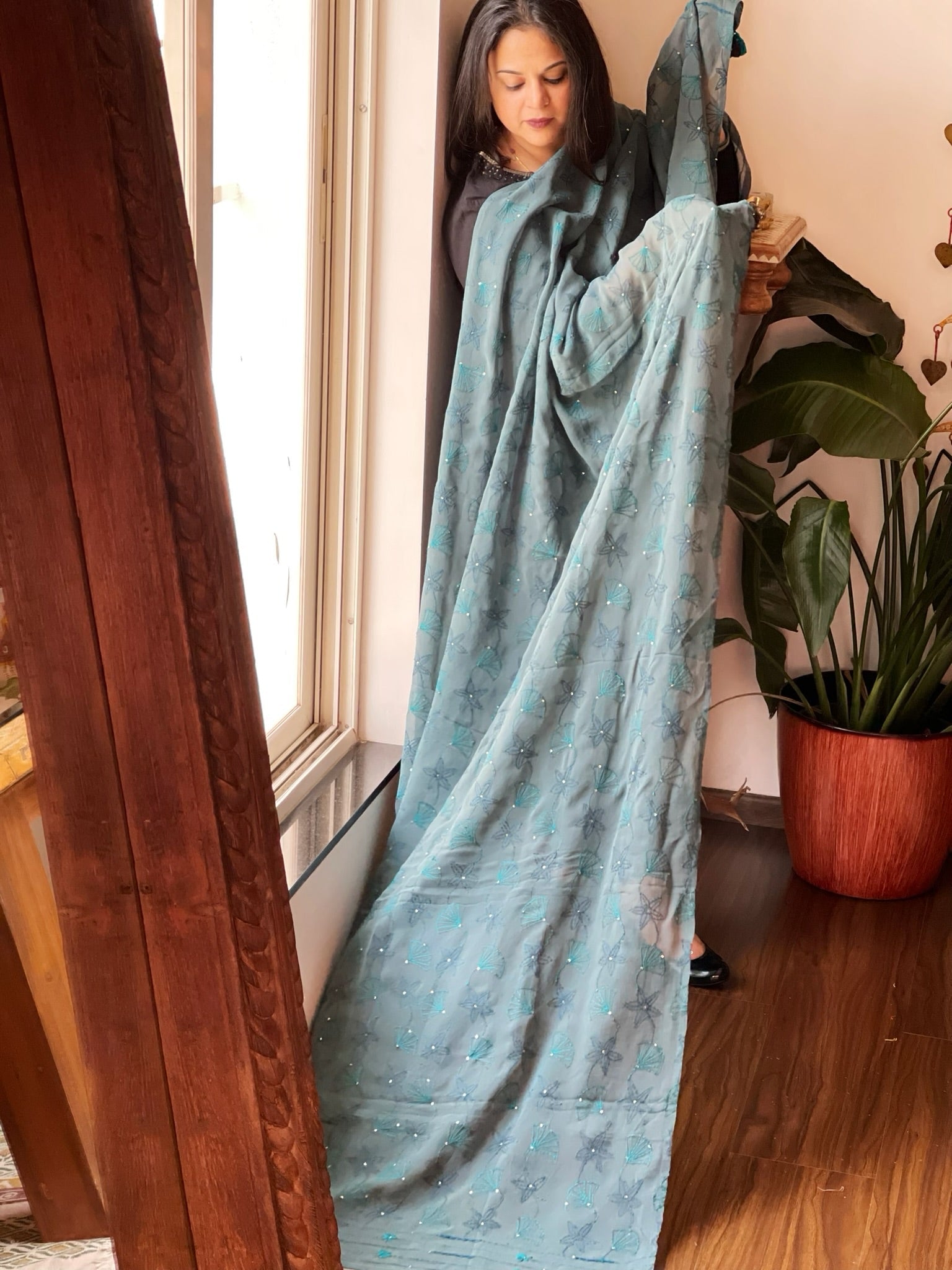 Greyish Blue Hand Embroidered Dupatta in Georgette - Masakalee