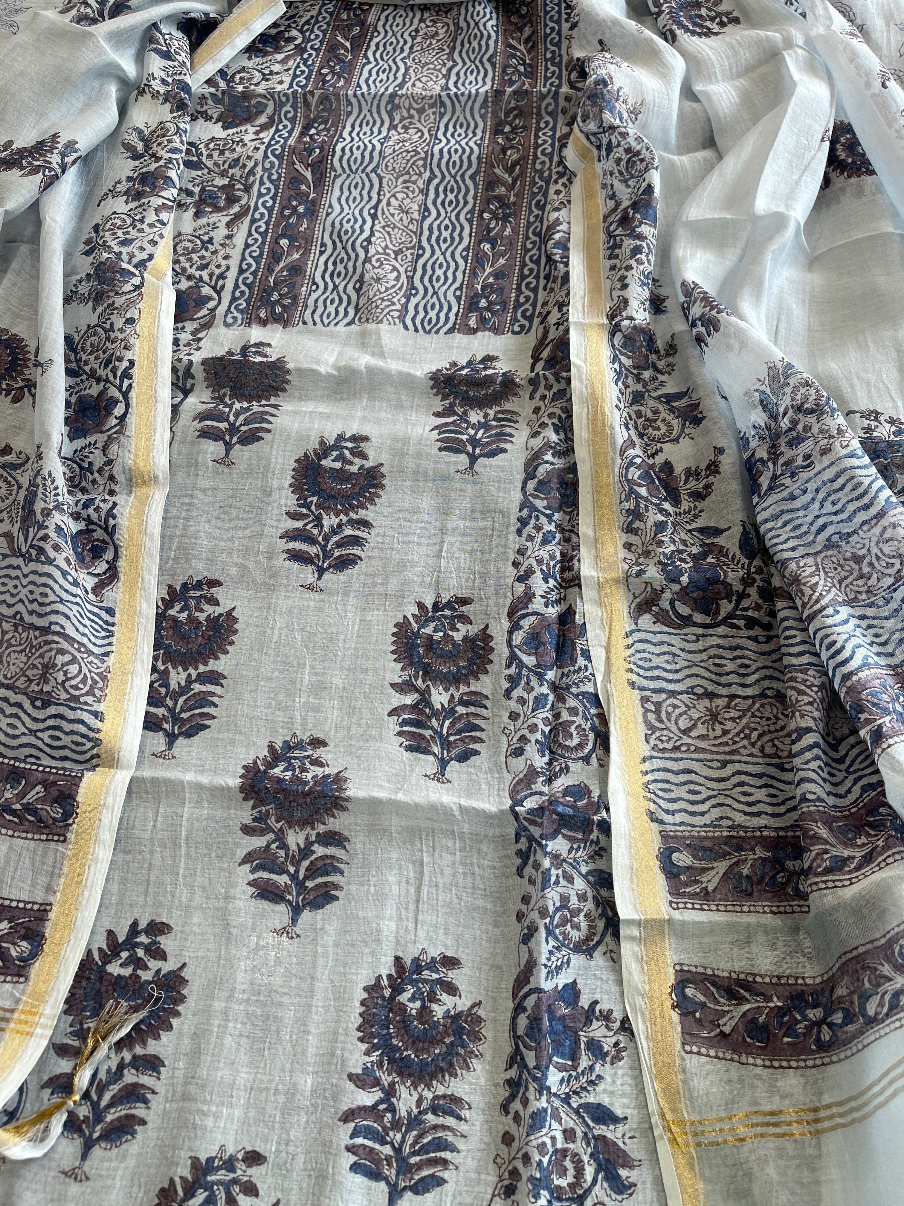 Greyish Blue Handblock Printed Suit Set in Mul Cotton - Masakalee