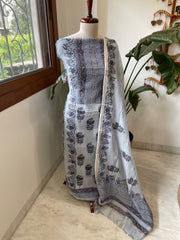 Greyish Blue Handblock Printed Suit Set in Mul Cotton - Masakalee