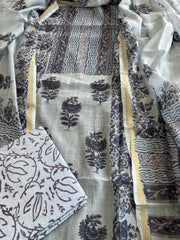 Greyish Blue Handblock Printed Suit Set in Mul Cotton - Masakalee