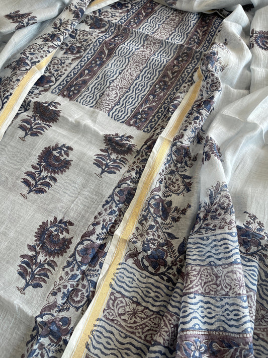 Greyish Blue Handblock Printed Suit Set in Mul Cotton - Masakalee