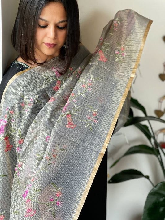 Greyish Blue Kota Organza Dupatta with cross - stitch Jaal embroidery - Masakalee