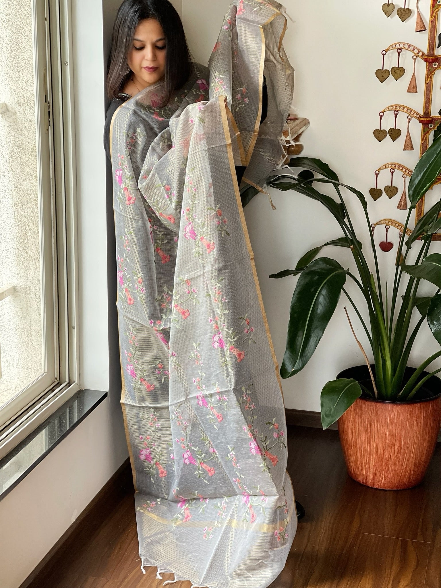 Greyish Blue Kota Organza Dupatta with cross - stitch Jaal embroidery - Masakalee