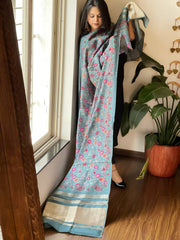 Greyish Blue Printed Kalamkari Dupatta with Sequin Work and Zari Pallu in Dola Silk - Masakalee