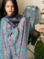 Greyish Blue Printed Kalamkari Dupatta with Sequin Work and Zari Pallu in Dola Silk - Masakalee