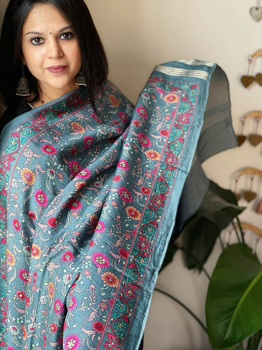 Greyish Blue Printed Kalamkari Dupatta with Sequin Work and Zari Pallu in Dola Silk - Masakalee