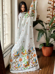 Greyish Green Handpainted Dupatta with Kantha Stitch Handwork in Linen - Masakalee
