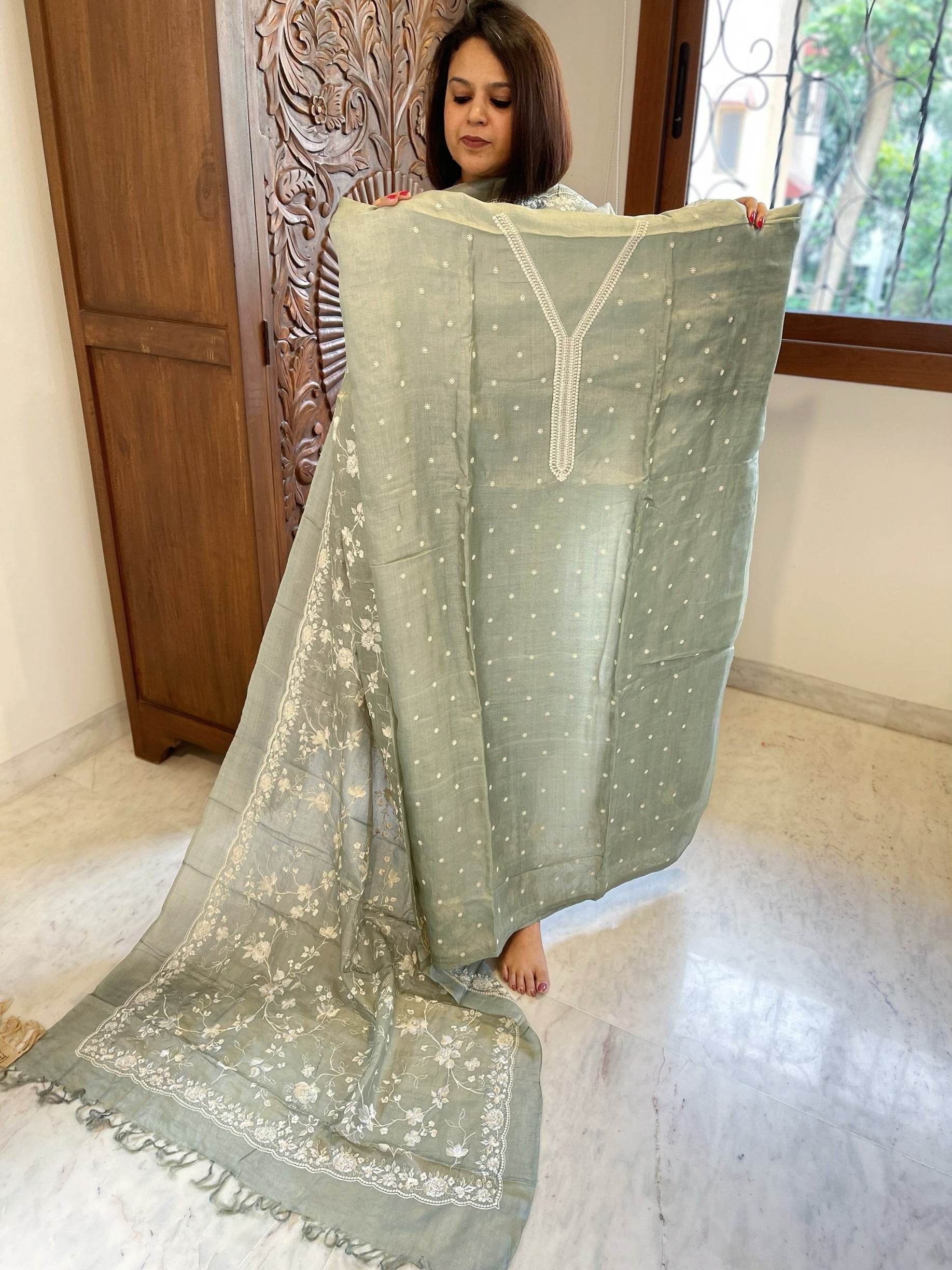 Greyish Green Suit Set with Thread Embroidery in Pure Tussar Silk - Masakalee