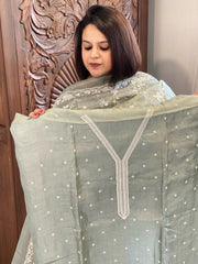 Greyish Green Suit Set with Thread Embroidery in Pure Tussar Silk - Masakalee