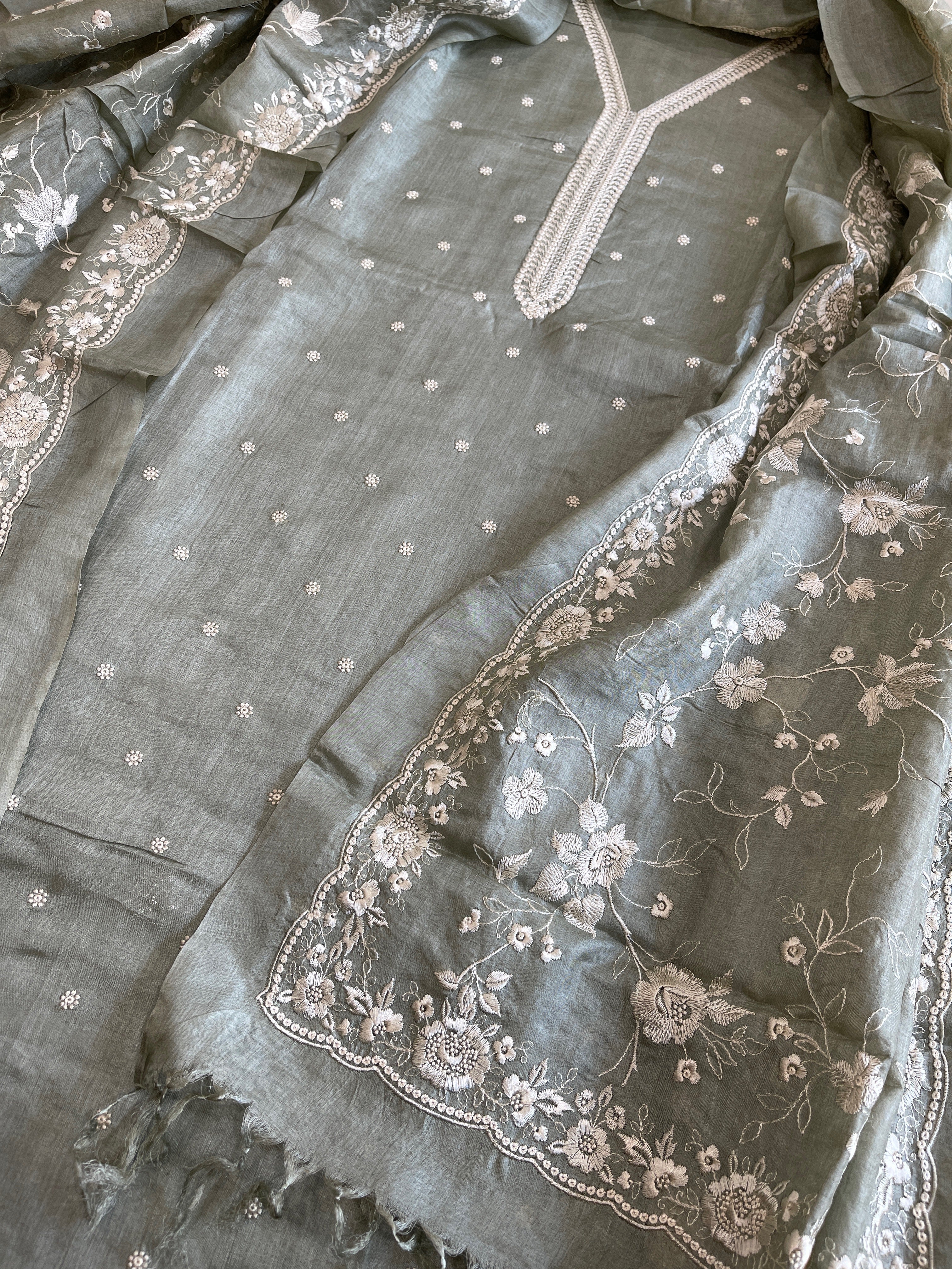 Greyish Green Suit Set with Thread Embroidery in Pure Tussar Silk - Masakalee