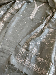 Greyish Green Suit Set with Thread Embroidery in Pure Tussar Silk - Masakalee