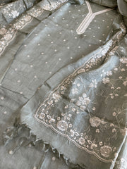 Greyish Green Suit Set with Thread Embroidery in Pure Tussar Silk - Masakalee