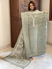 Greyish Green Suit Set with Thread Embroidery in Pure Tussar Silk - Masakalee