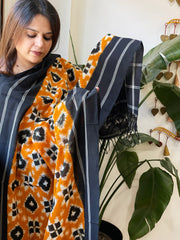 Haldi Yellow, Black Double Ikat Telia Rumal Dupatta in Cotton - Masakalee