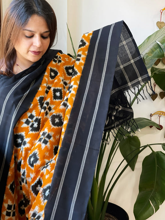 Haldi Yellow, Black Double Ikat Telia Rumal Dupatta in Cotton - Masakalee