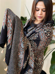 Handblock Printed Ajrakh Dupatta with Handwork in Modal Silk - Masakalee
