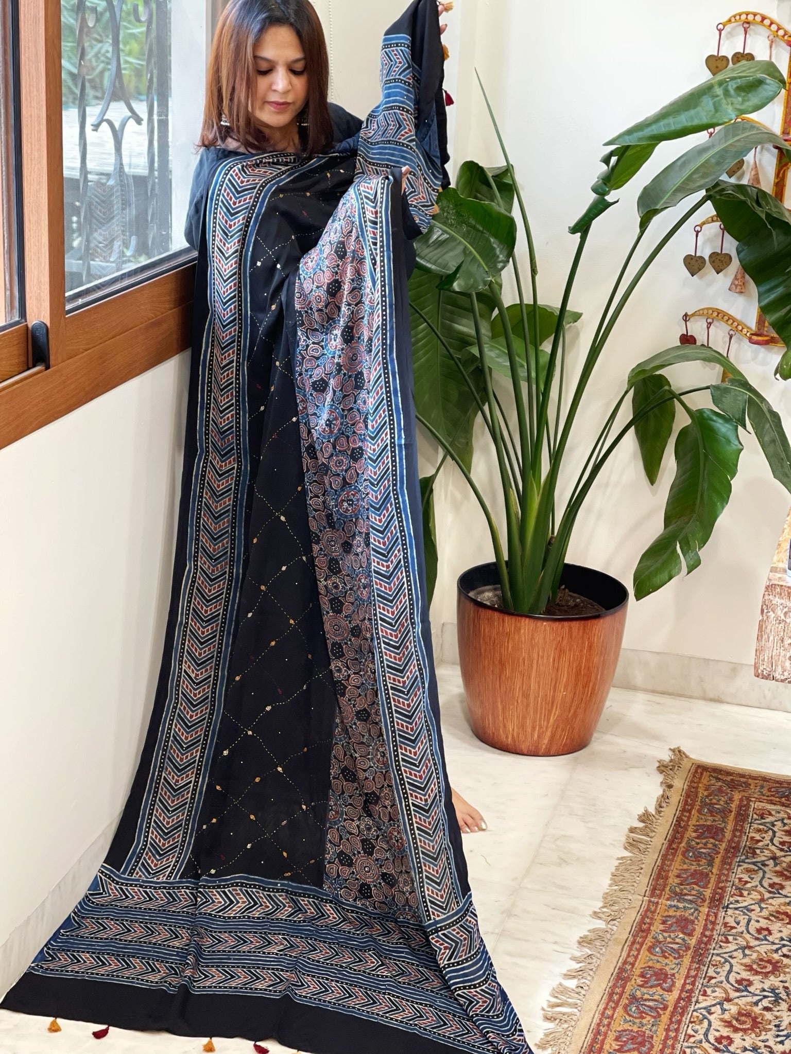 Handblock Printed Ajrakh Dupatta with Handwork in Modal Silk - Masakalee