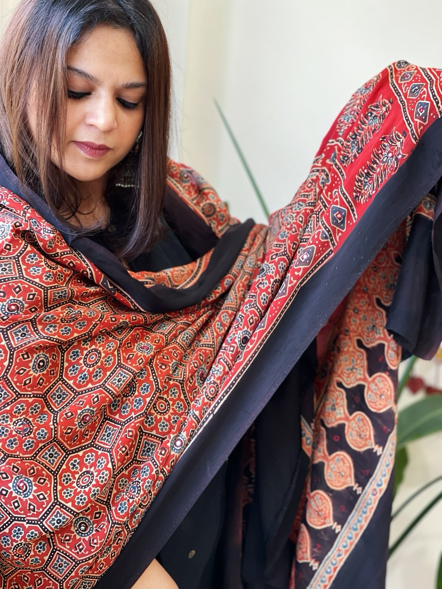Handblock Printed Ajrakh Dupatta with Handwork in Modal Silk - Masakalee