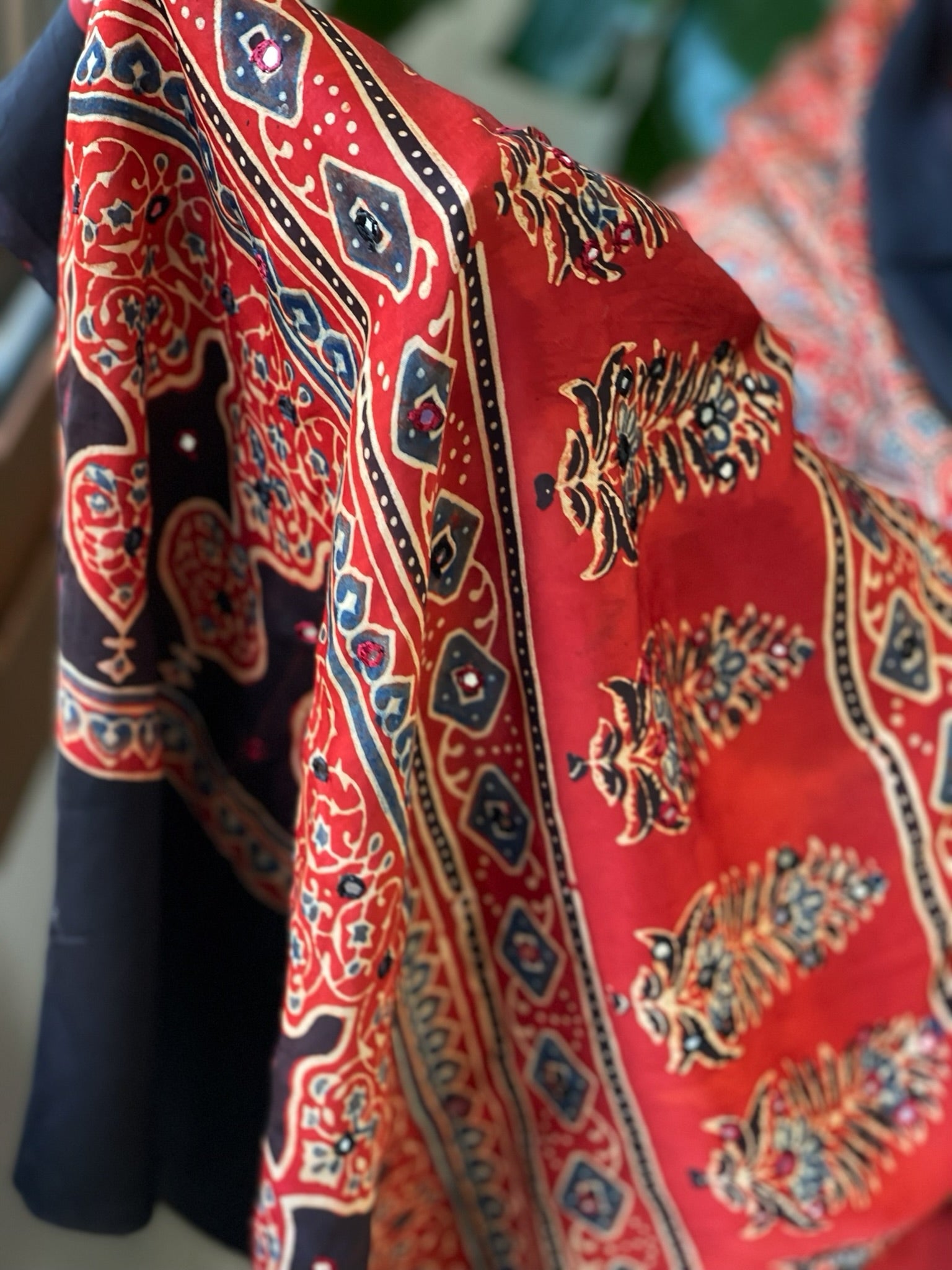 Handblock Printed Ajrakh Dupatta with Handwork in Modal Silk - Masakalee