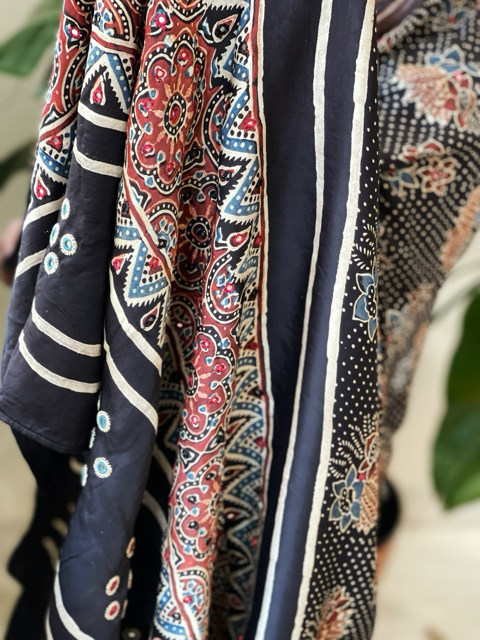 Handblock Printed Ajrakh Dupatta with Handwork in Modal Silk - Masakalee