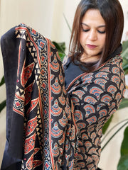 Handblock Printed Ajrakh Dupatta with Handwork in Modal Silk - Masakalee