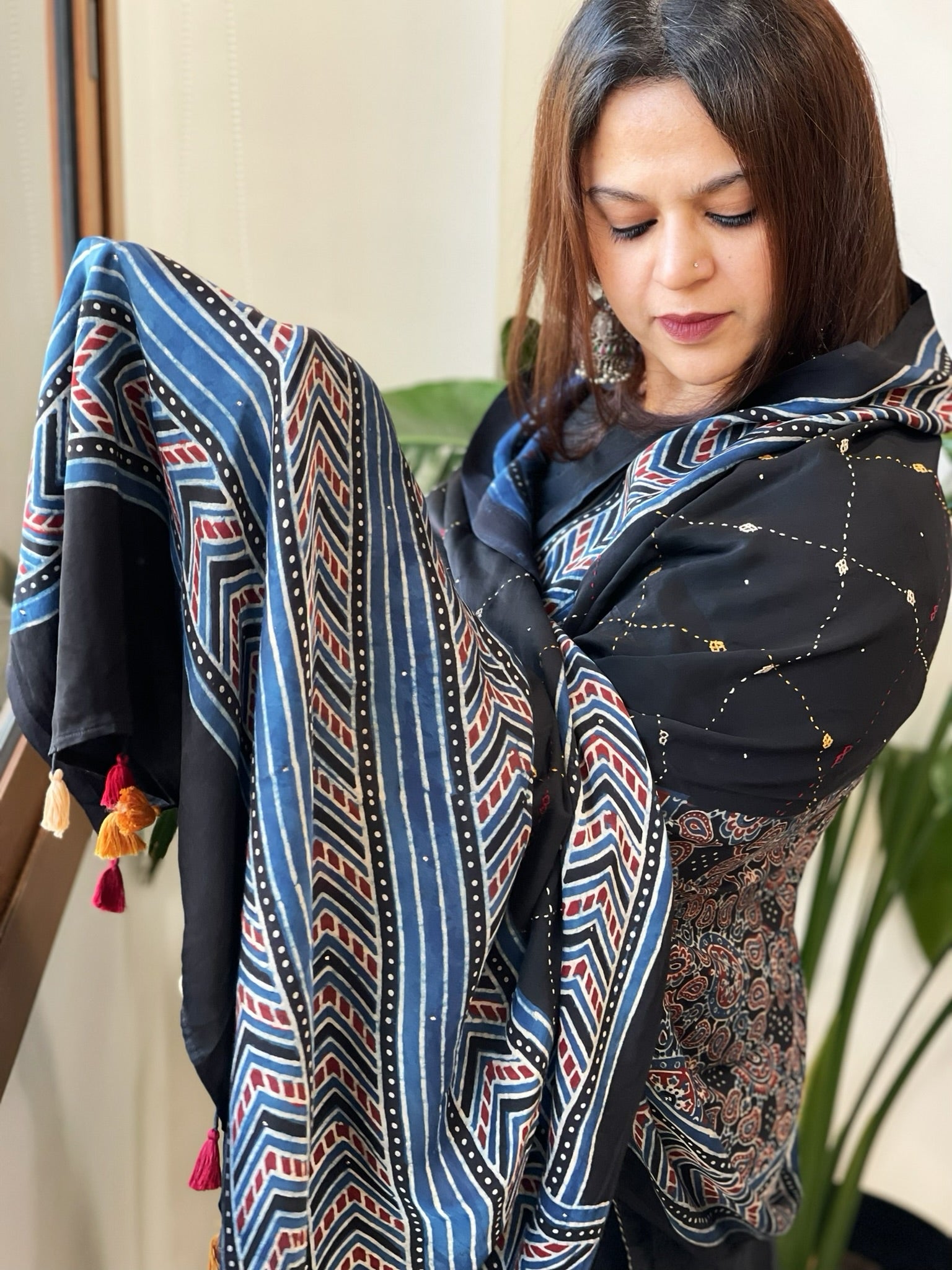 Handblock Printed Ajrakh Dupatta with Handwork in Modal Silk - Masakalee