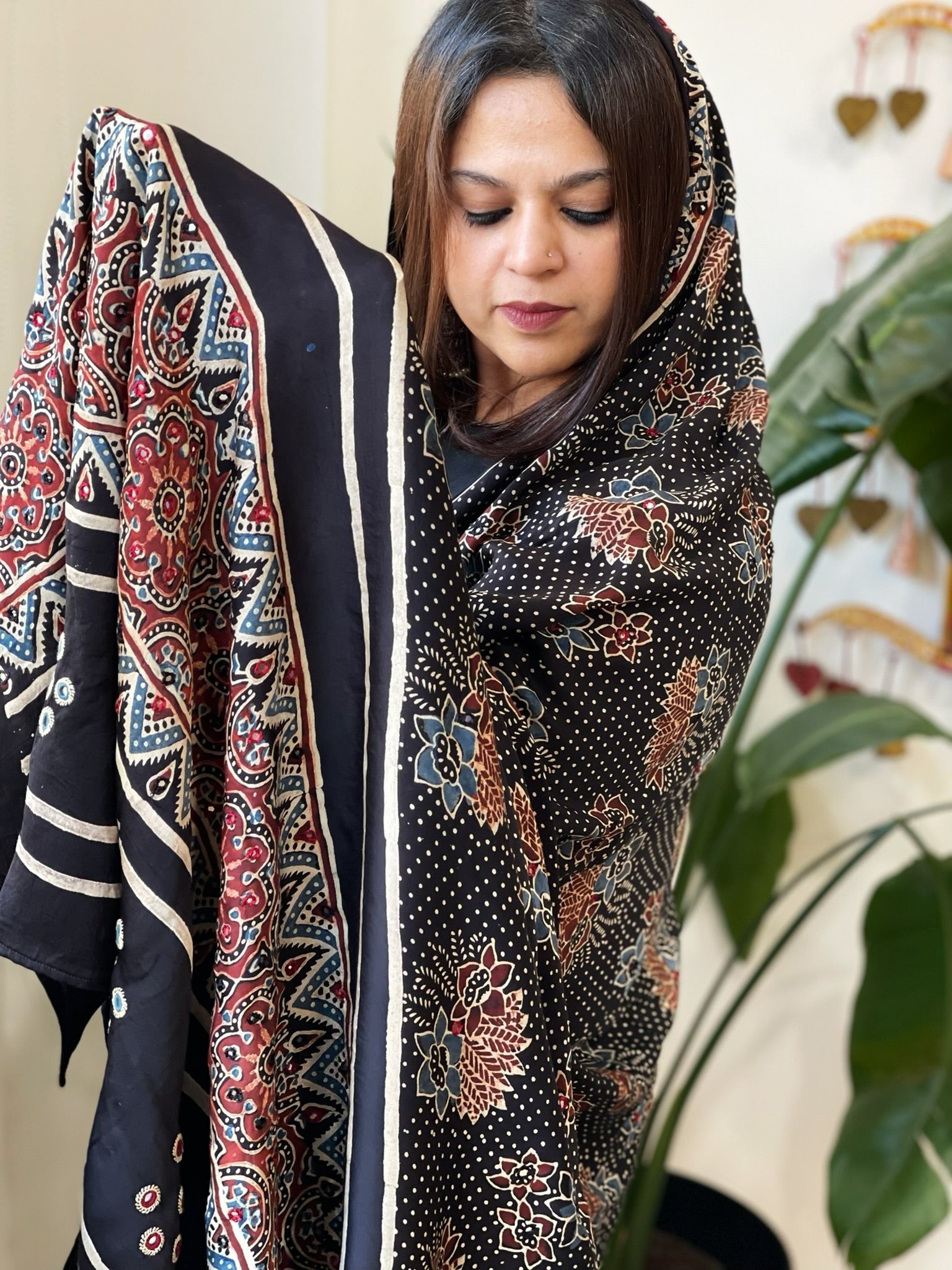 Handblock Printed Ajrakh Dupatta with Handwork in Modal Silk - Masakalee